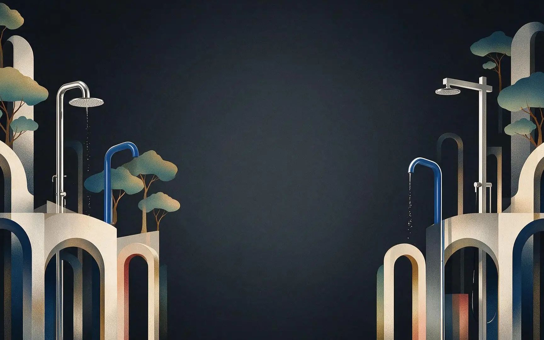 Illustrazione Fontealta per Cersaie 2026: colonne doccia in acciaio inox tra archi e alberi stilizzati su fondo antracite