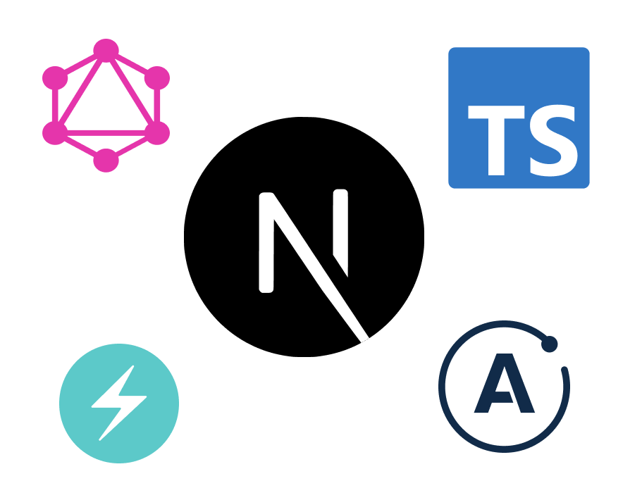 A collage of logos for GraphQL, Next JS, Chakra UI, TypeScript and Apollo
