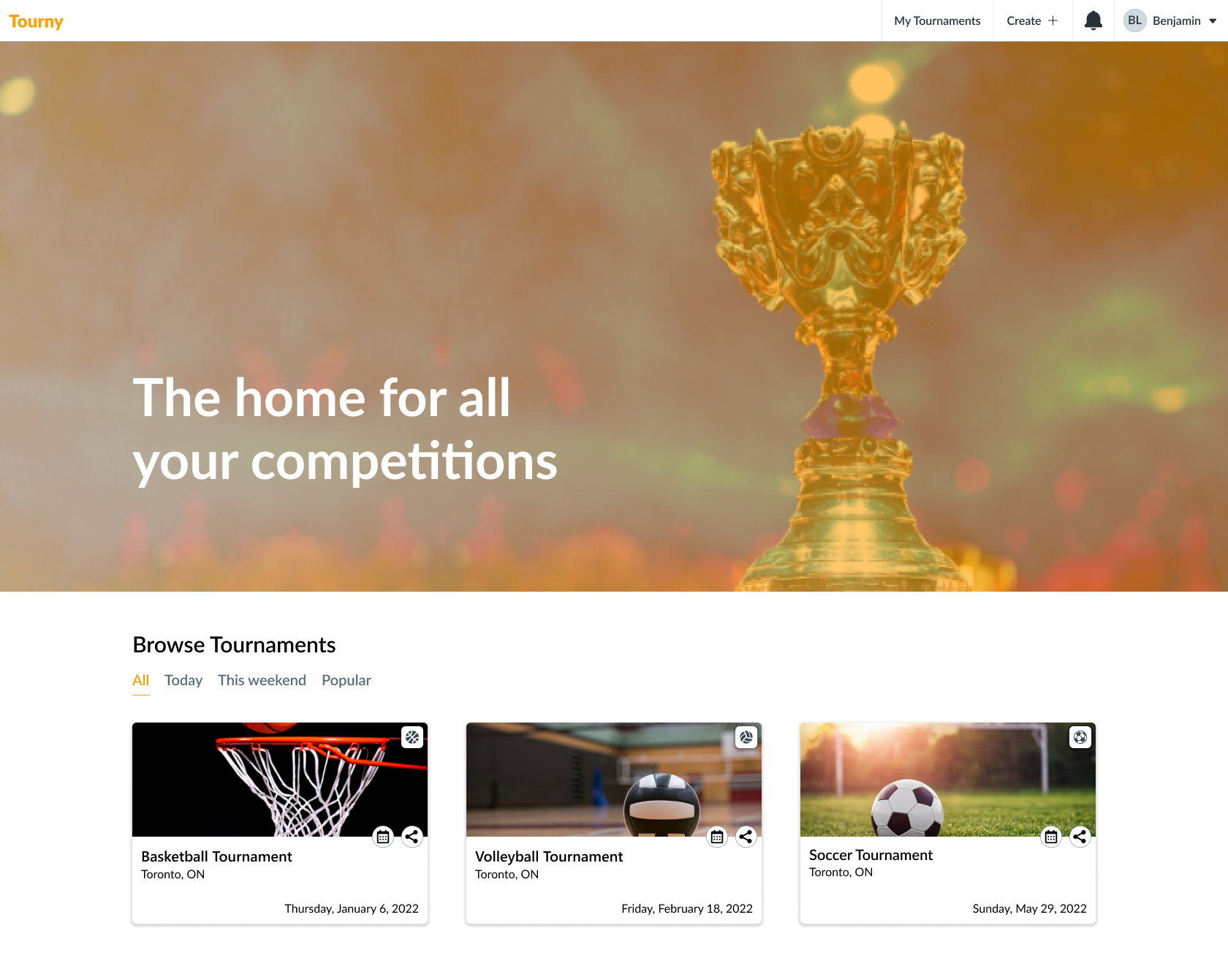 Screenshot of a design for the Showdown homepage featuring a banner image of a trophy with a browse tournament section below it.