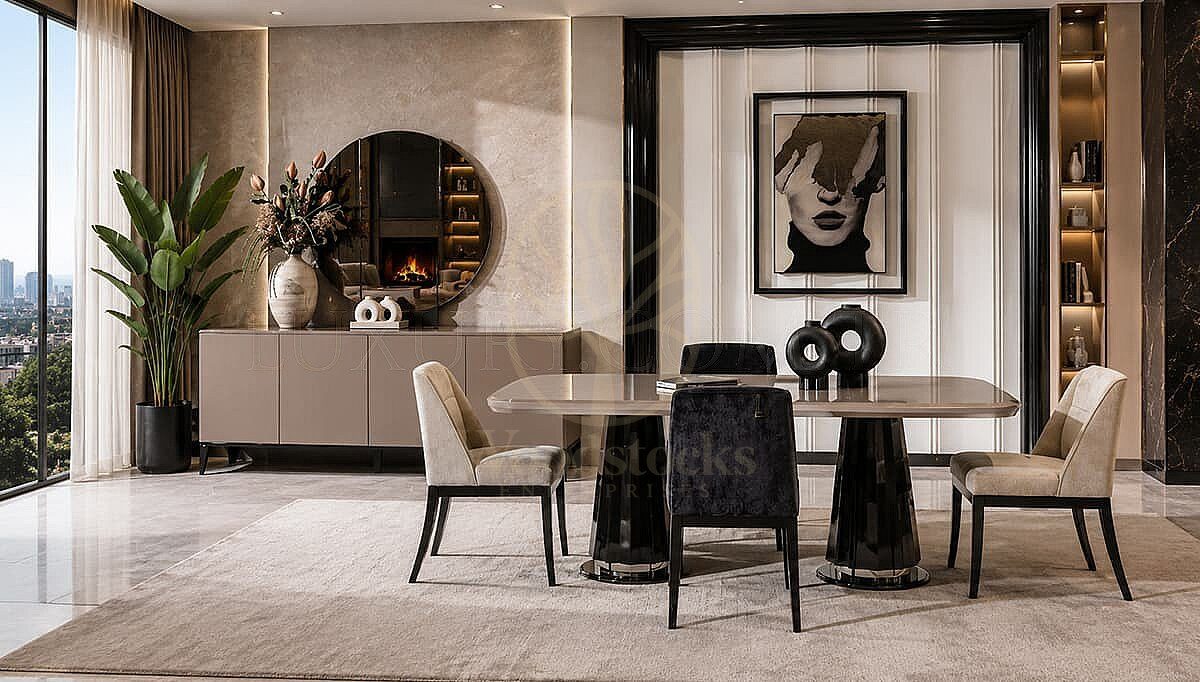Luxury Solena White Black Handcrafted Teak Dining Table Set, Saharanpur, Dining Table