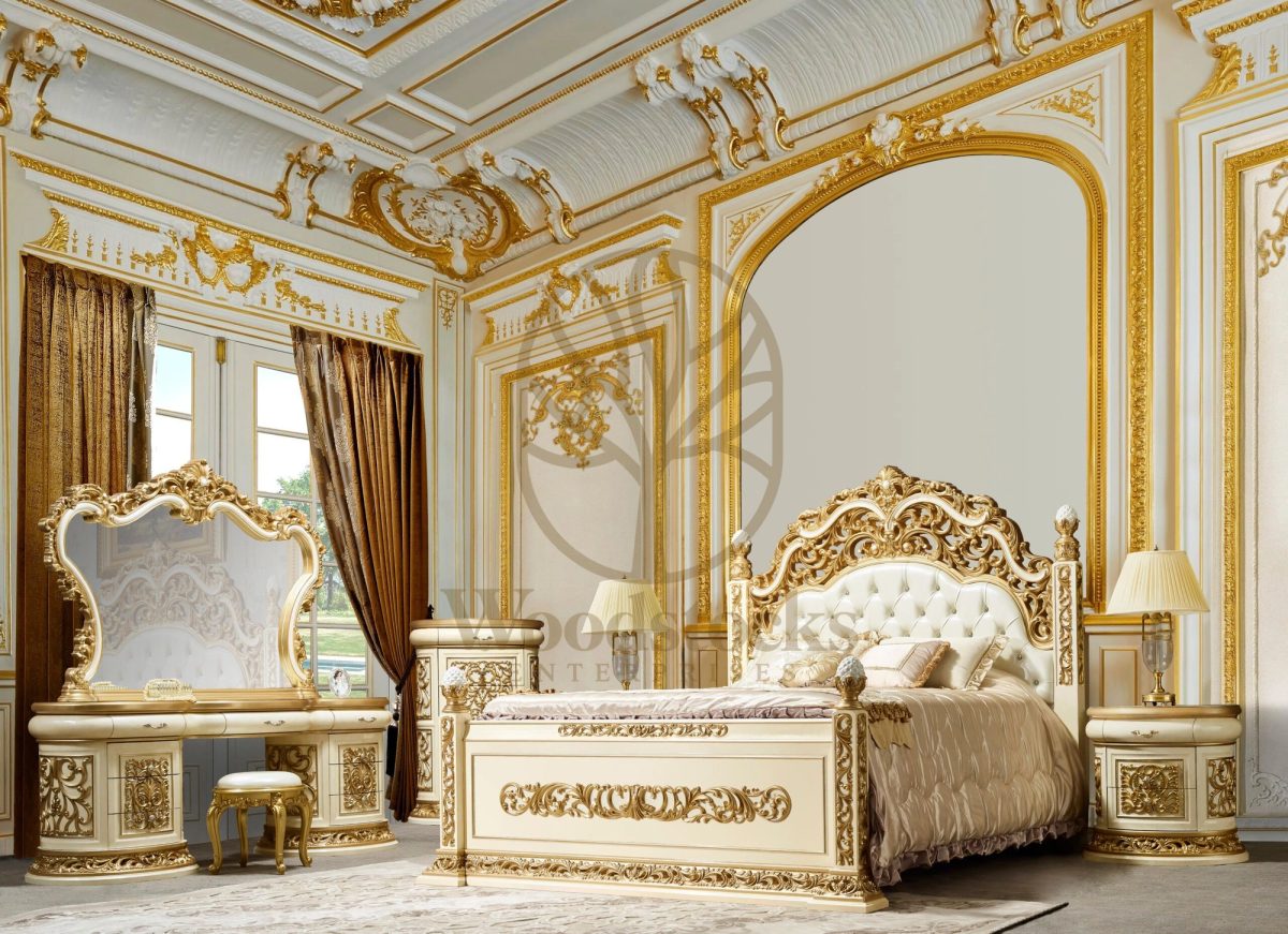 Teak Hand-Carved Gold 5-Piece King Size Bed, alternate view