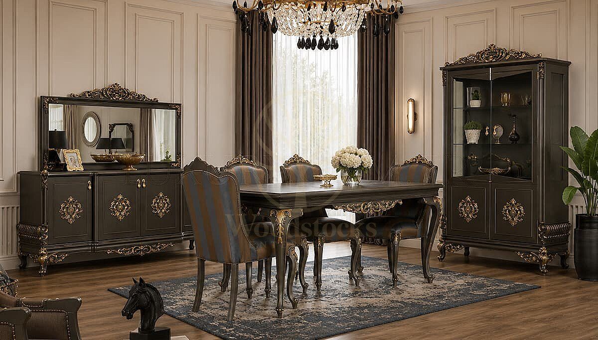 Luxury Melora Grey Handcrafted Teak Dining Table Set, Saharanpur, Dining Table
