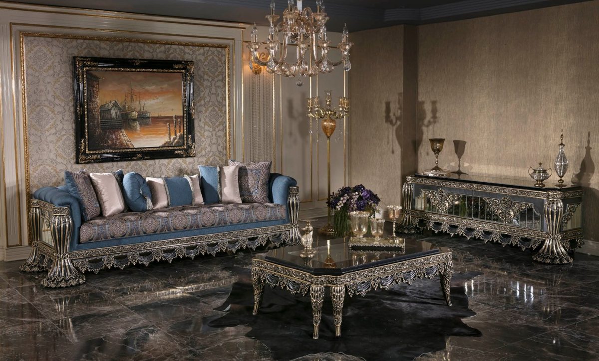 Teak Milano Blue and Silver Sofa Set, Sofa Set