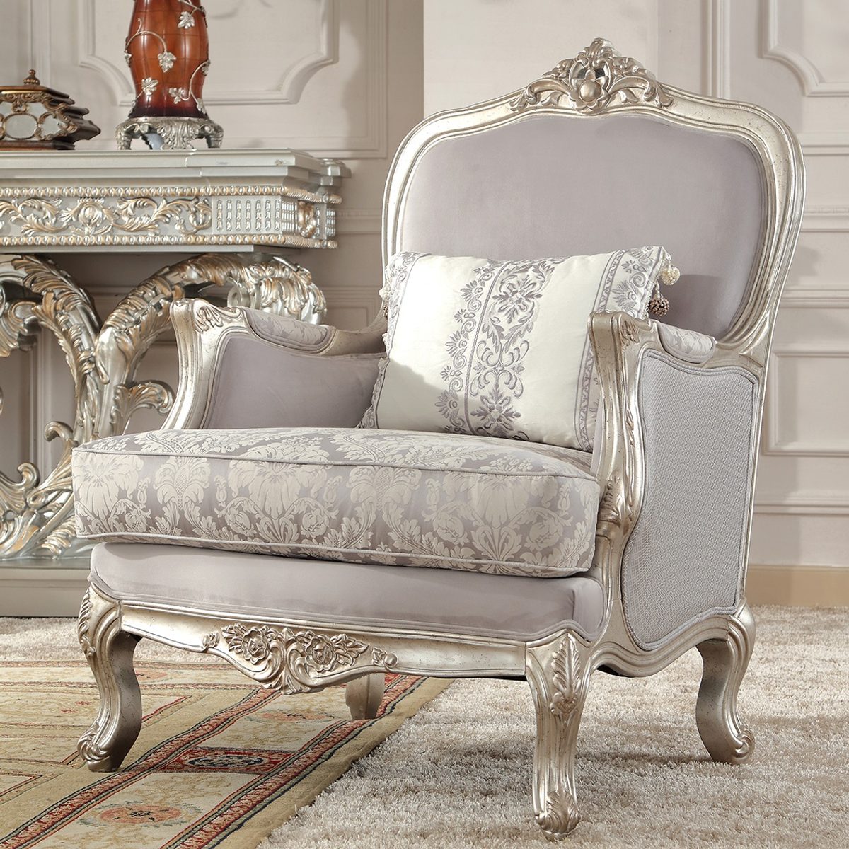 WSE High Quality Teak Wood European Silver 3-Piece Sofa Set, Sofa Set