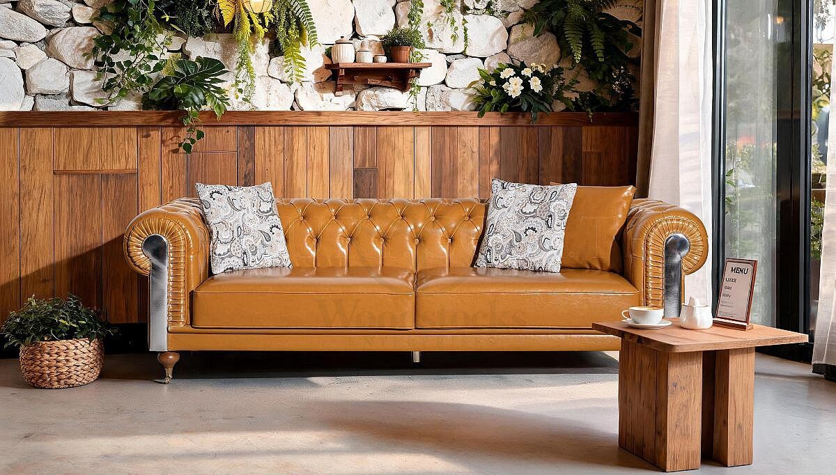 Royal Novante Chesterfield Leather Hand Carved Teak Sofa Set, Saharanpur, Sofa Set