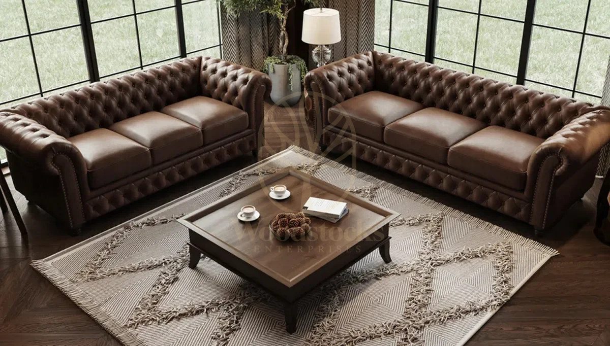 Royal Bampton Chesterfield Leather Hand Carved Teak Sofa Set, Saharanpur, view 3