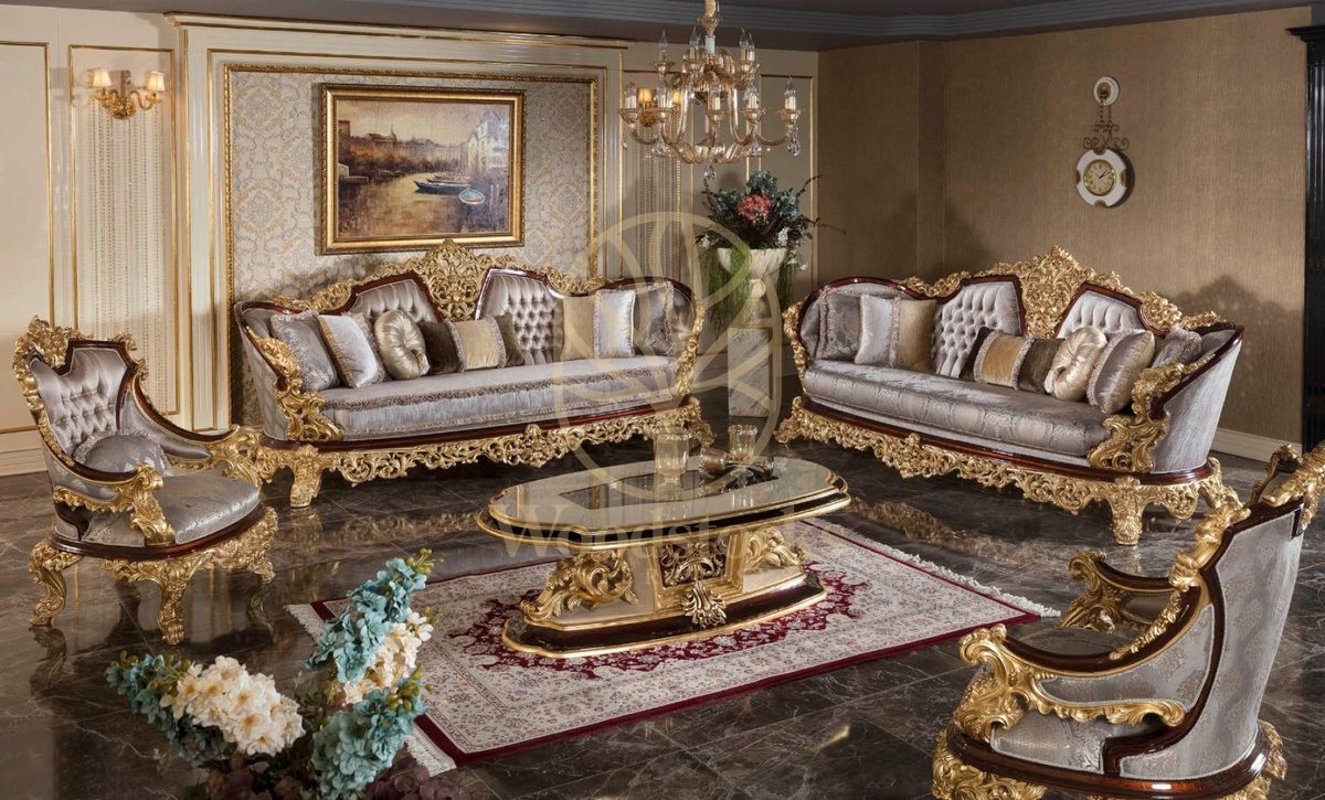 Teak Royal Silver and Gold Carved Sofa Set, Sofa Set