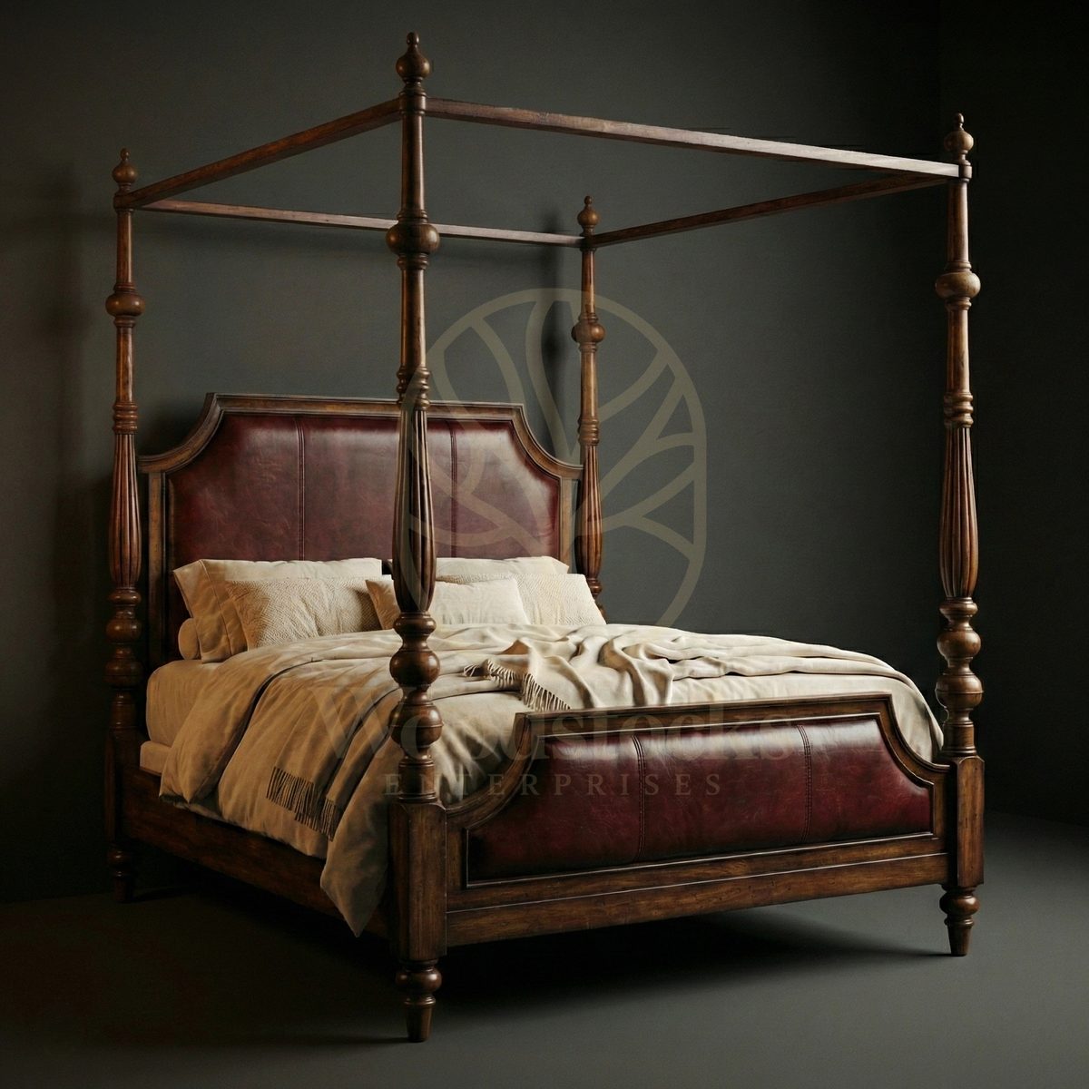 Royal Hand Carved Teak Oxford Manor Leather-Back Four-Poster Bed, Saharanpur, view 6
