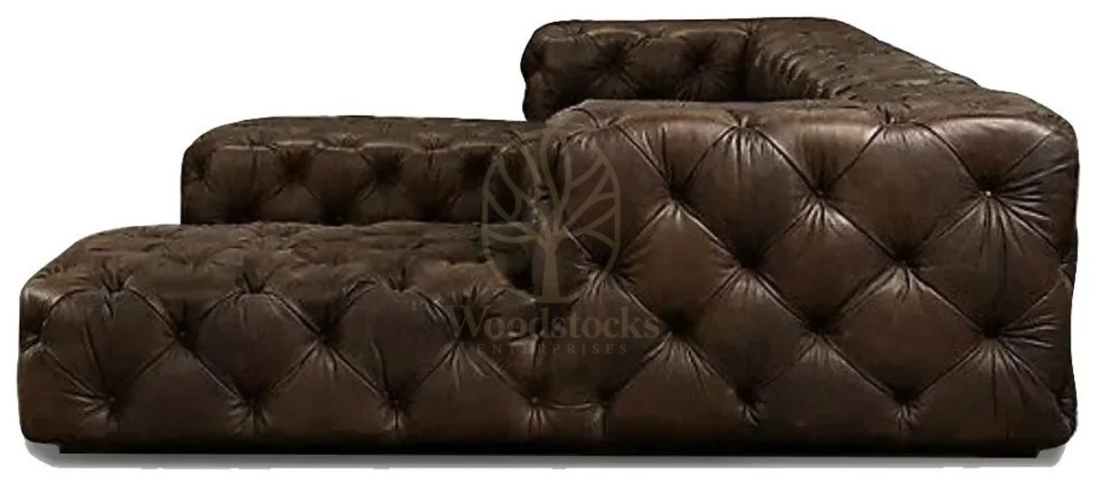 Royal Halifax Chesterfield Leather Hand Carved Teak L-Shape Sofa, Saharanpur, view 3