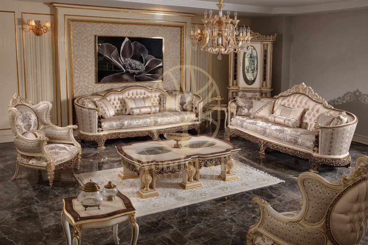 Teak Monaco Cream and Gold Wingback Sofa Set, Sofa Set