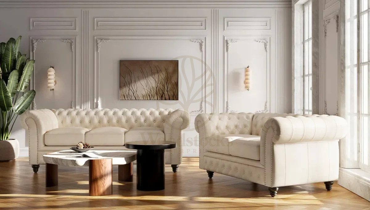 Royal Edmon White Chesterfield Hand Carved Teak Sofa Set, Saharanpur, view 3