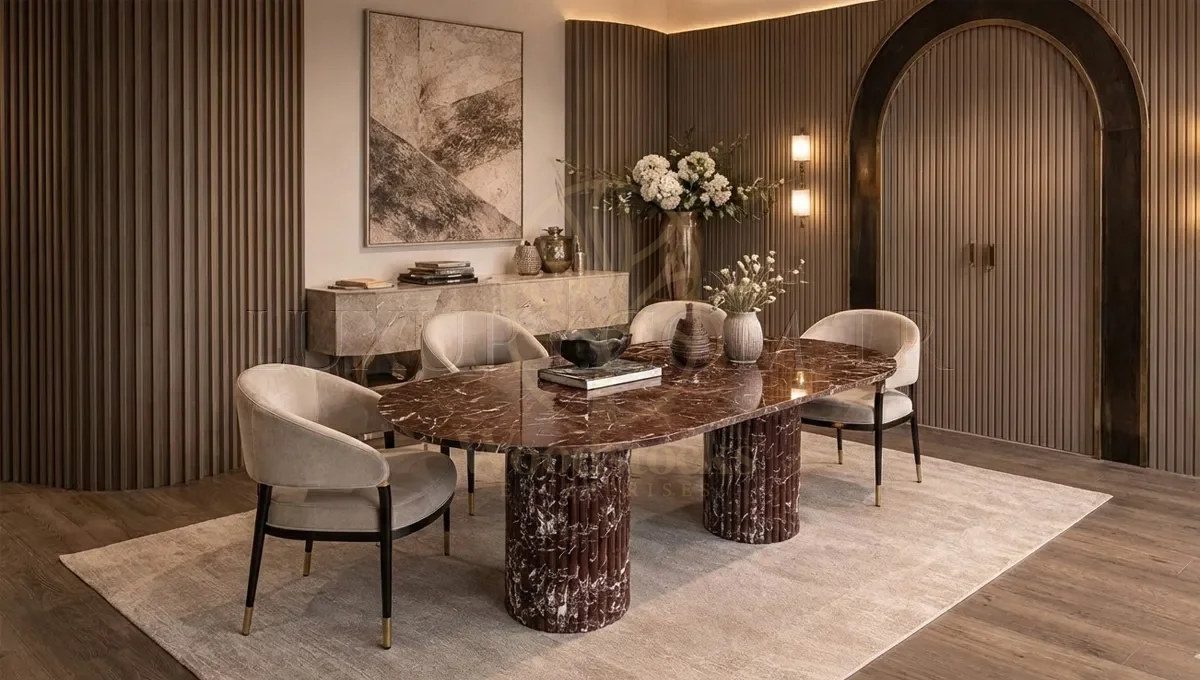 Luxury Rosso Marble Handcrafted Teak Dining Table Set, Saharanpur, Dining Table