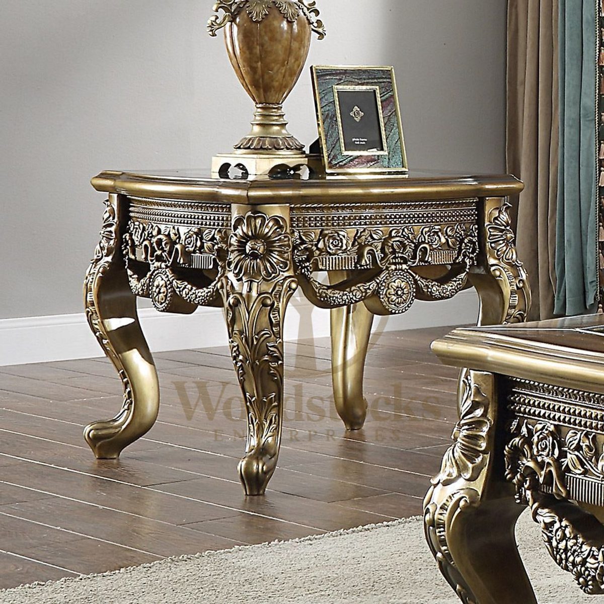 Teak Hand-Carved Antique Gold Corner Table III, alternate view