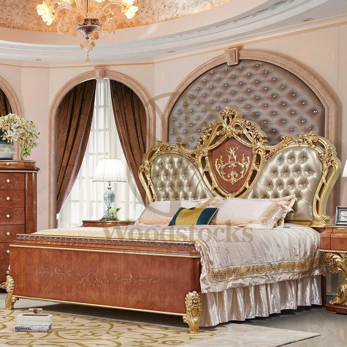 Teak Tufted 4-Piece King Size Bed, alternate view