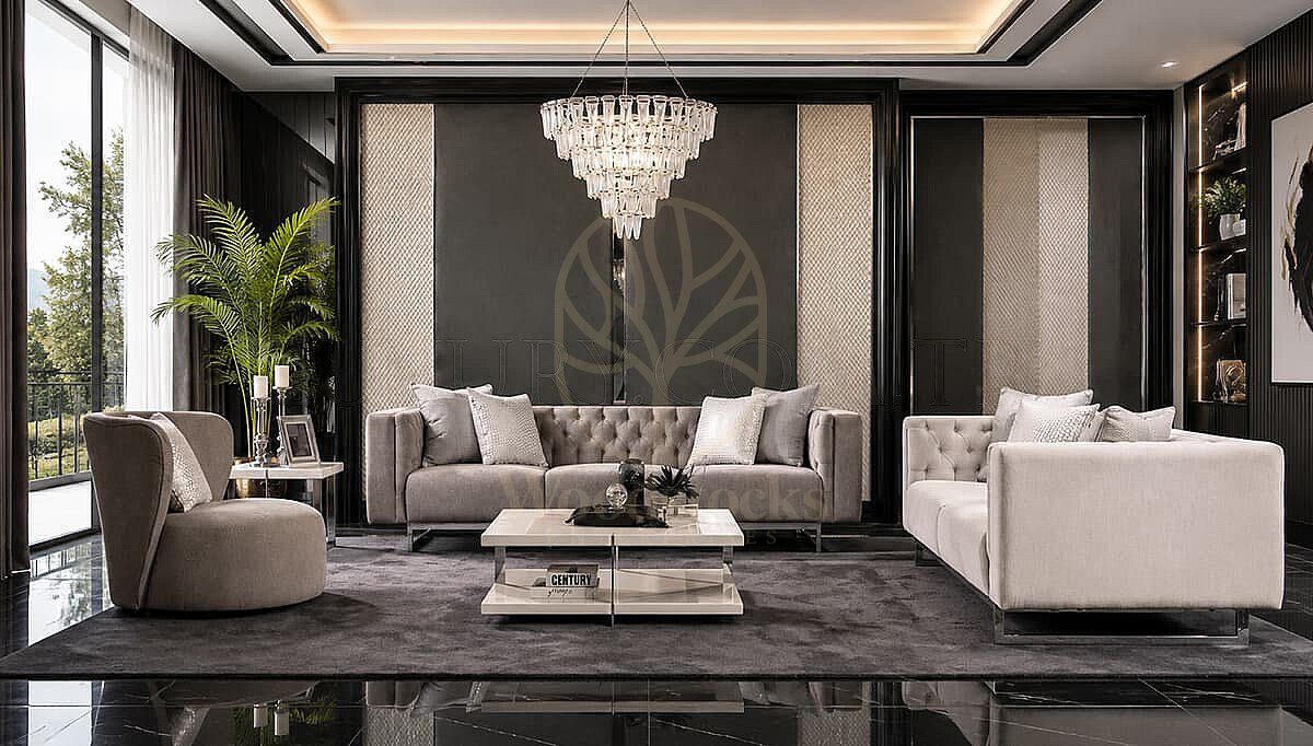 Luxury Varenna White Grey Handcrafted Teak Sofa Set, Saharanpur, Sofa Set