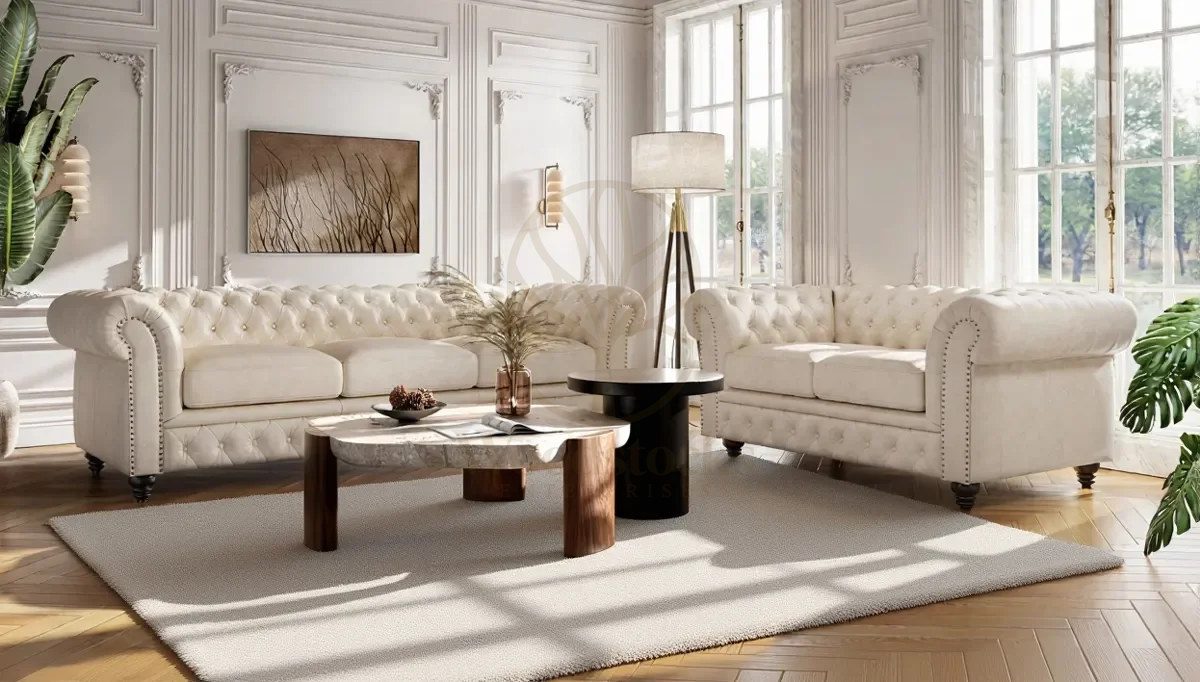 Royal Edmon White Chesterfield Hand Carved Teak Sofa Set, Saharanpur, Sofa Set