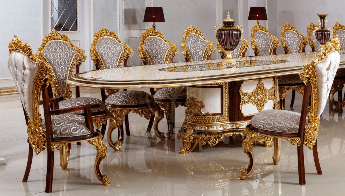 Royal Hunkar Gold Leaf Hand Carved Teak Dining Table Set II, Saharanpur, view 3