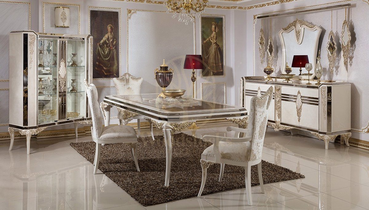 Royal Rabesa White Hand Carved Teak Dining Table Set, Saharanpur, Dining Table