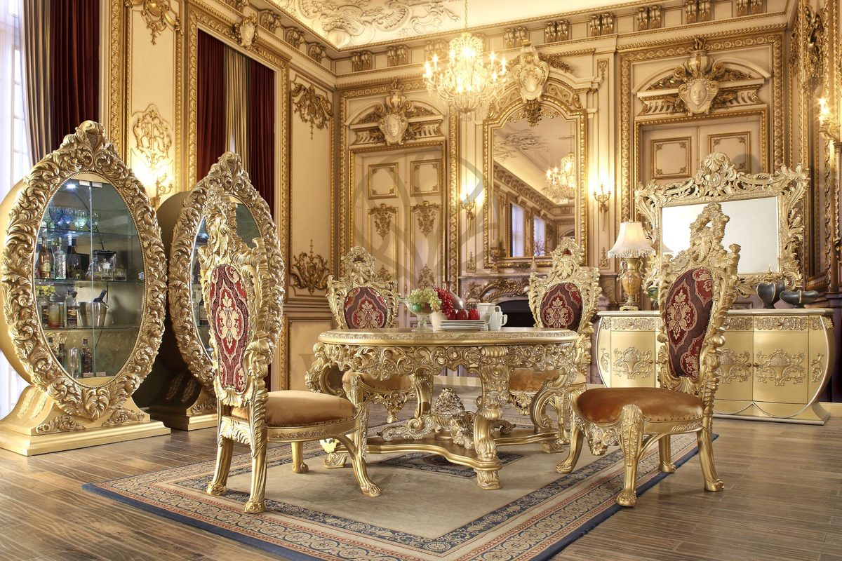 Teak Carved Gold 5-Piece Dining Table, view 4