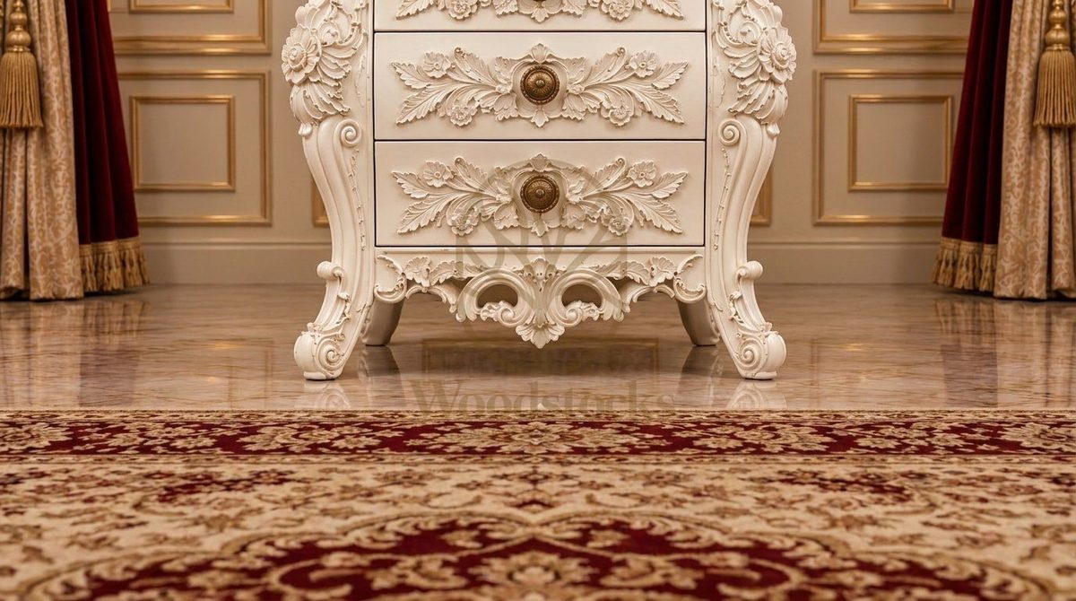 Teak Luxury Maharaja Carved Antiqued Ivory Nightstand, view 4