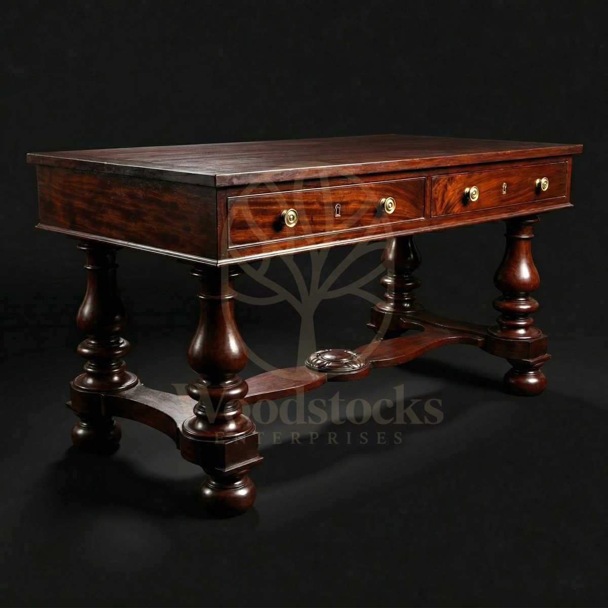 Hand Carved Teak Victorian London William & Mary Revival Desk, Saharanpur, Office & Study Table