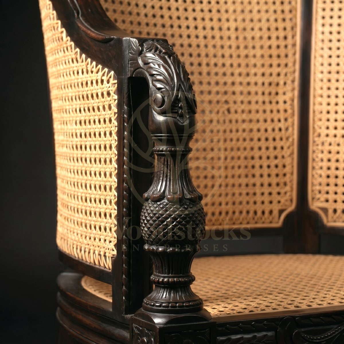 Hand Carved Teak Ceylonese Colonial Cane Bergère, Saharanpur, view 3