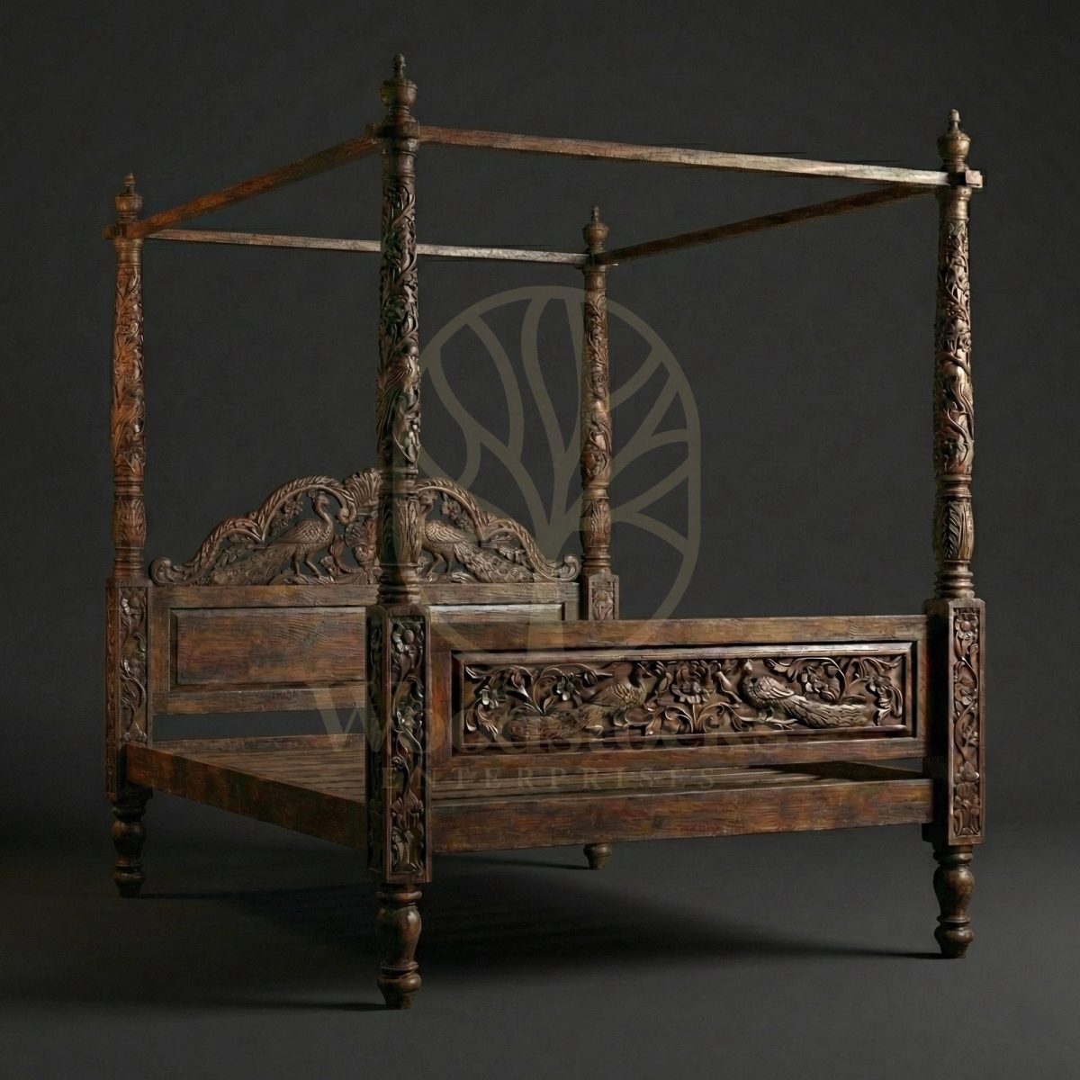 Royal Hand Carved Teak Suratte Peacock Court Four Poster Bed, Saharanpur, view 2