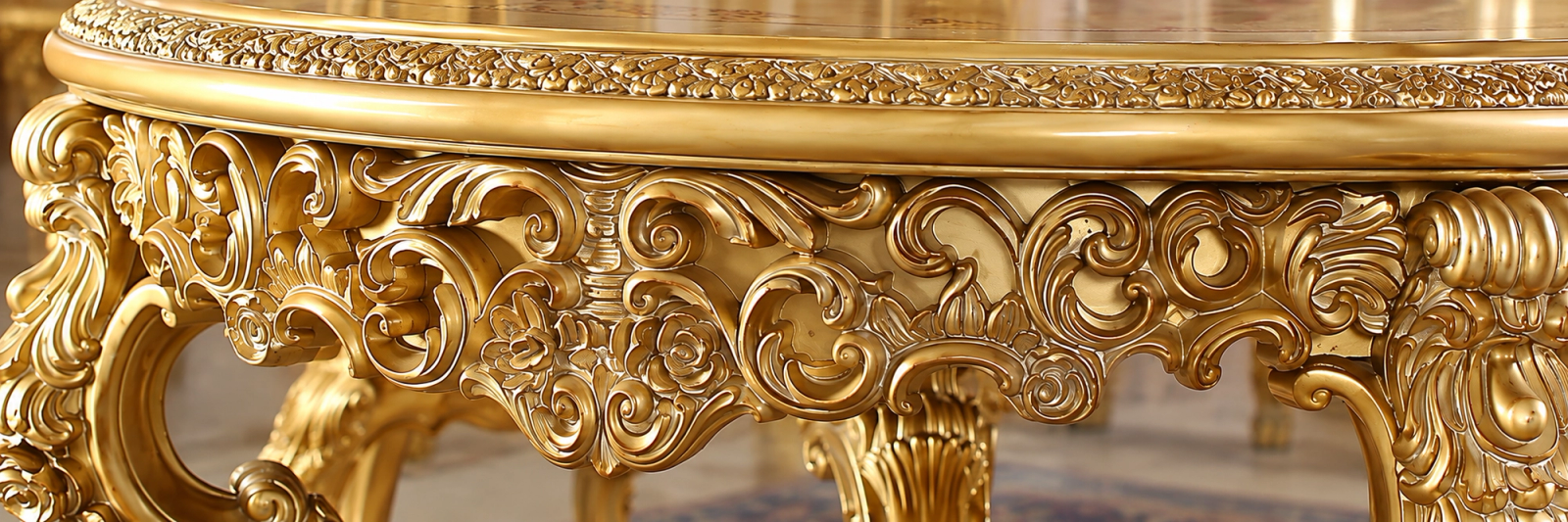 Close-up of a hand carved royal dining table, with scrolled and floral carving on the apron and a moulded top edge in a gold antique polish
