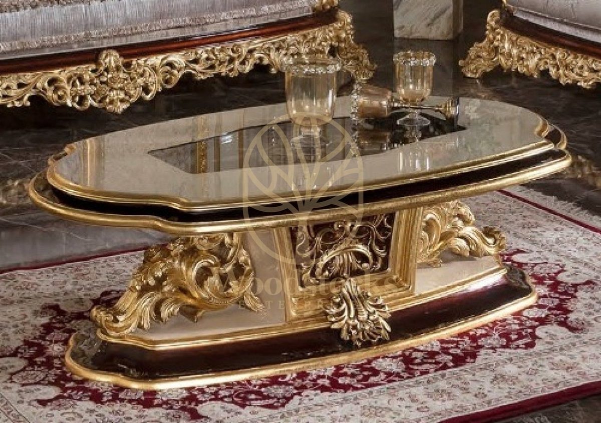Teak Royal Gold Carved Oval Center Table, Center Table