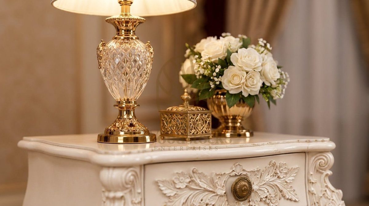 Teak Luxury Maharaja Carved Antiqued Ivory Nightstand, view 6