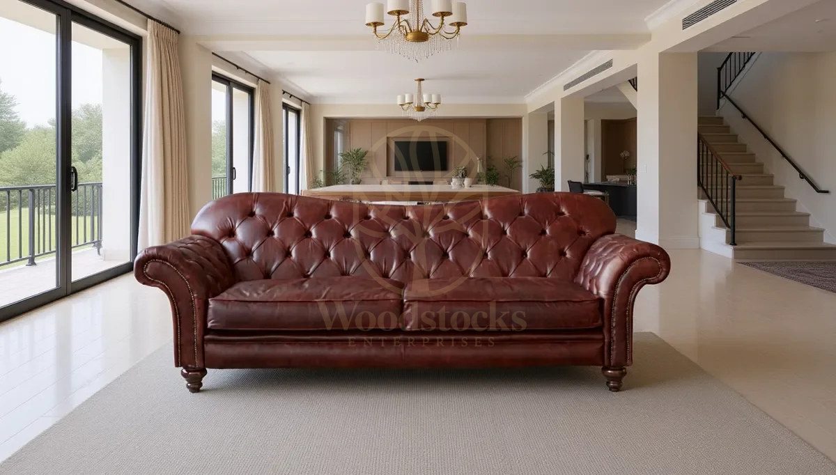 Royal Lovel Chesterfield Leather Hand Carved Teak Sofa Set, Saharanpur, Sofa Set