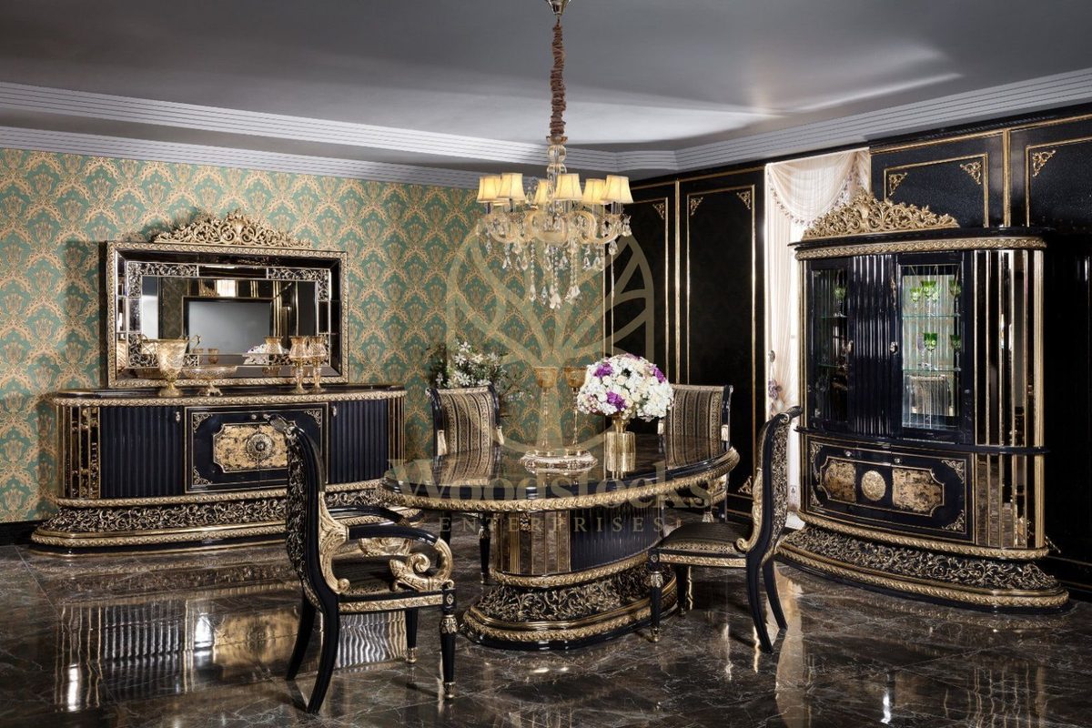 Teak Classic Black and Gold Dining Set, Dining Table