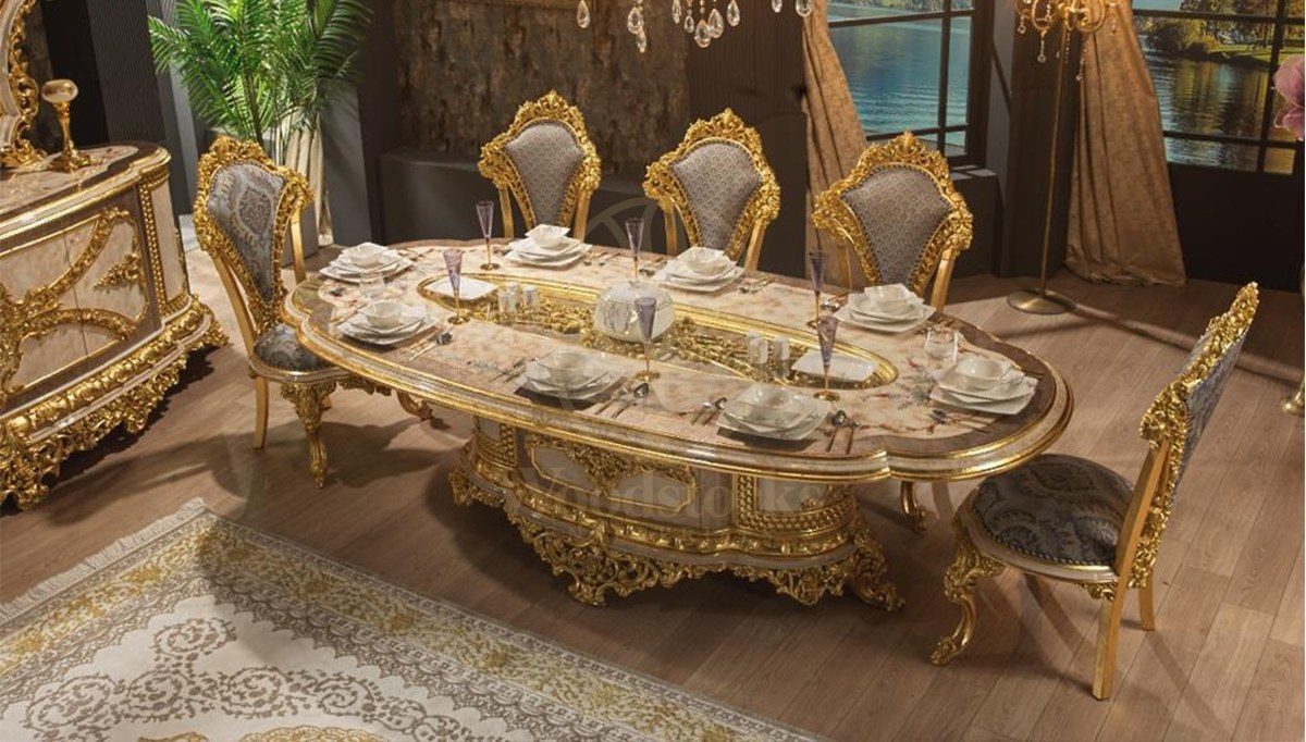 Royal Hunkar Gold Leaf Hand Carved Teak Dining Table Set, Saharanpur, view 4