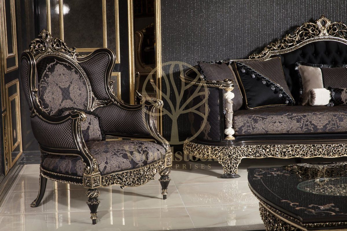 Teak Monaco Charcoal and Gold Tufted Sofa Set, view 11