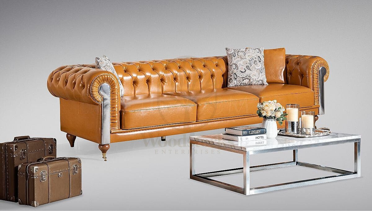 Royal Novante Chesterfield Leather Hand Carved Teak Sofa Set, Saharanpur, view 3