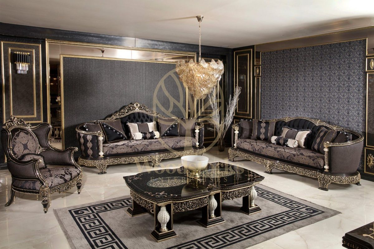 Teak Monaco Charcoal and Gold Tufted Sofa Set, Sofa Set