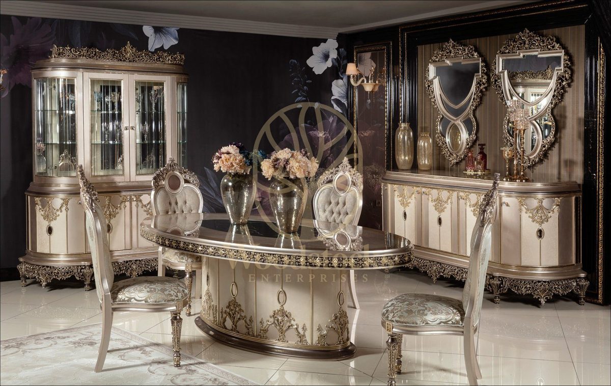 Teak Elegance Ivory and Gold Dining Set, Dining Table
