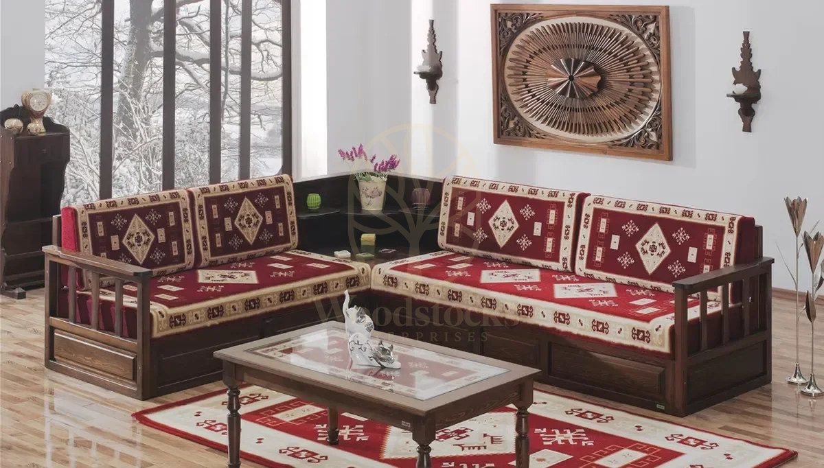Royal Osmanli Hand Carved Teak L-Shape Sofa, Saharanpur, view 2