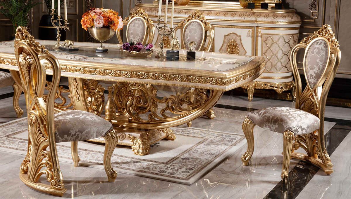 Royal Sultanahmet Gold Leaf Hand Carved Teak Dining Table Set, Saharanpur, view 4