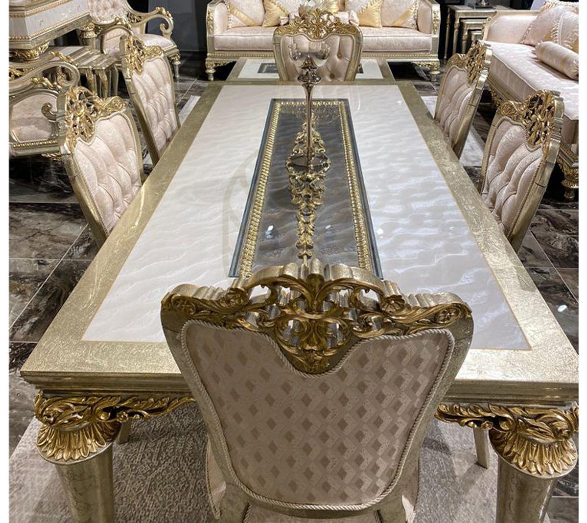 Royal Akranes White Hand Carved Teak Dining Table Set, Saharanpur, view 7