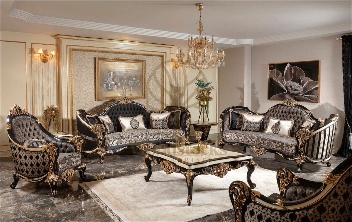 Teak Baroque Black and Gold Tufted Sofa Set, Sofa Set