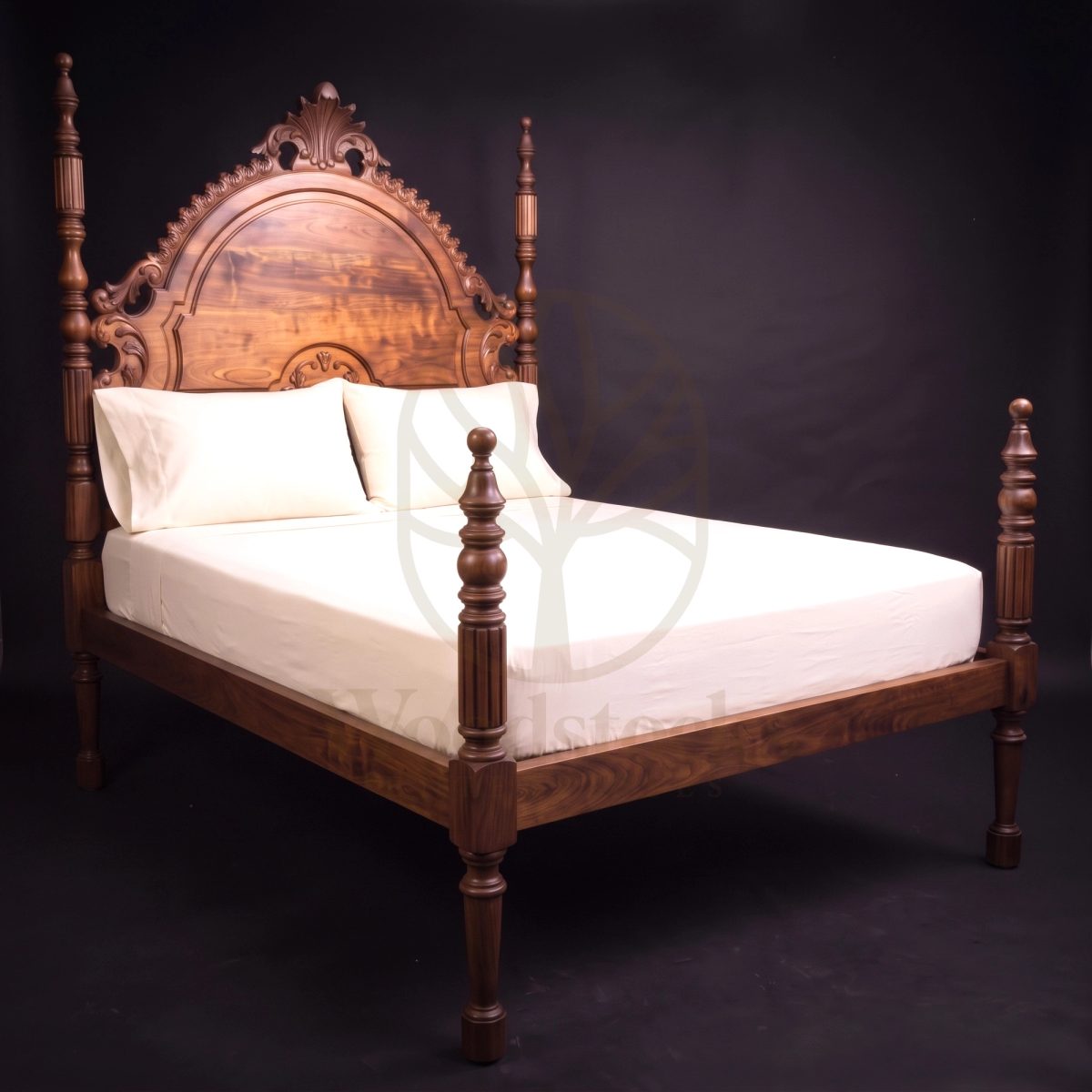 Royal Hand Carved Teak New Orleans Rococo Revival Four-Poster Bed, Saharanpur, Four Poster Bed