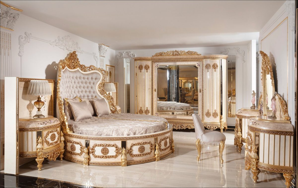 Teak Palace Ivory and Gold Carved King Size Bed, King Size Bed