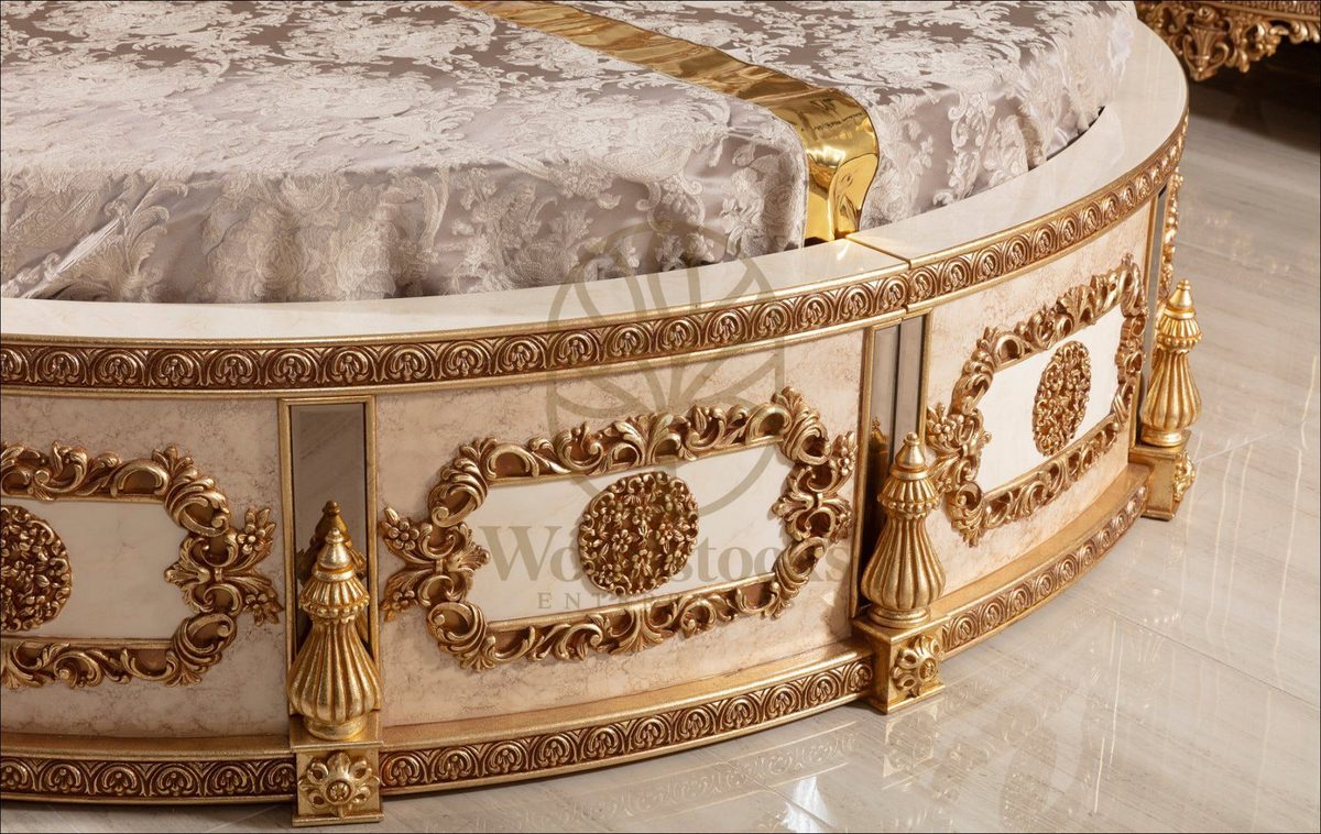 Teak Palace Ivory and Gold Carved King Size Bed, view 4