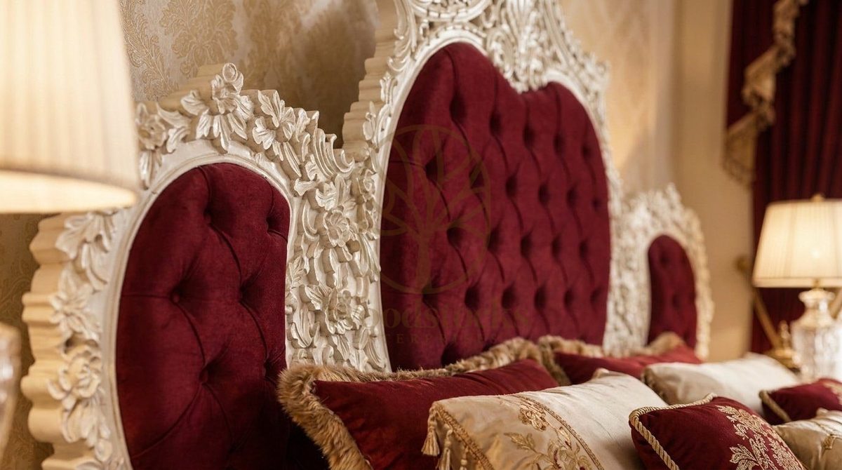 Teak Luxury Maharaja Carved Burgundy Velvet King Bed, view 5