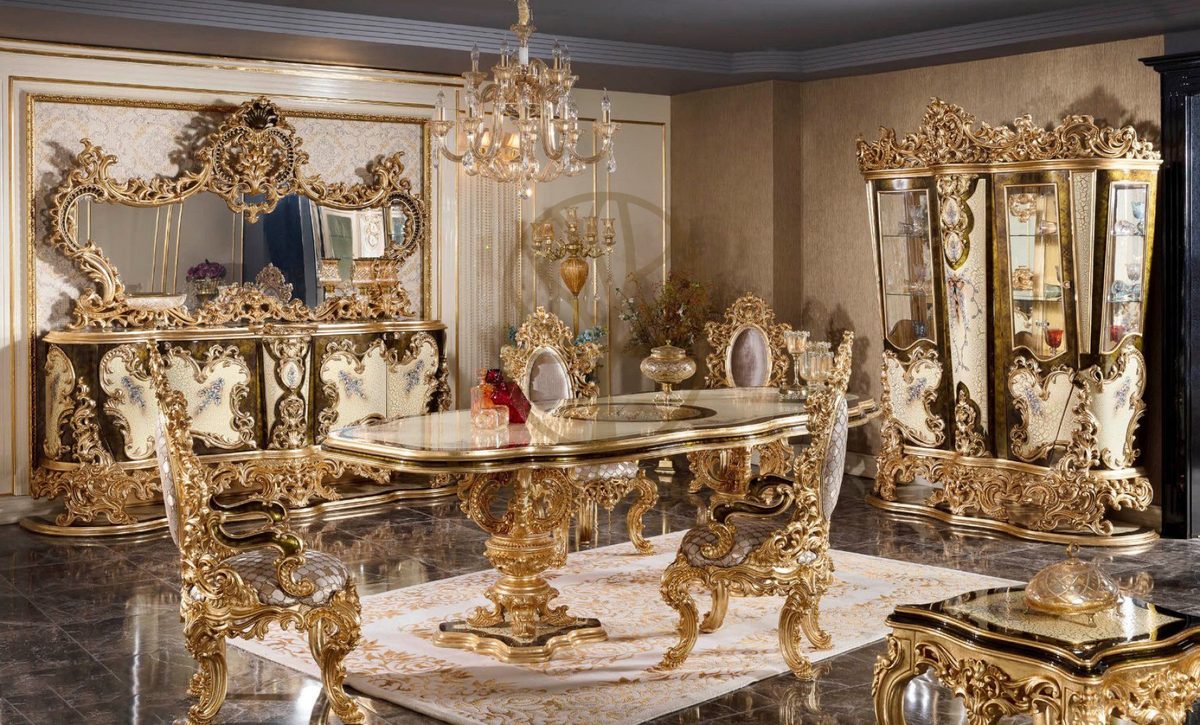 Teak Venetian Gold Carved Dining Set, Dining Table