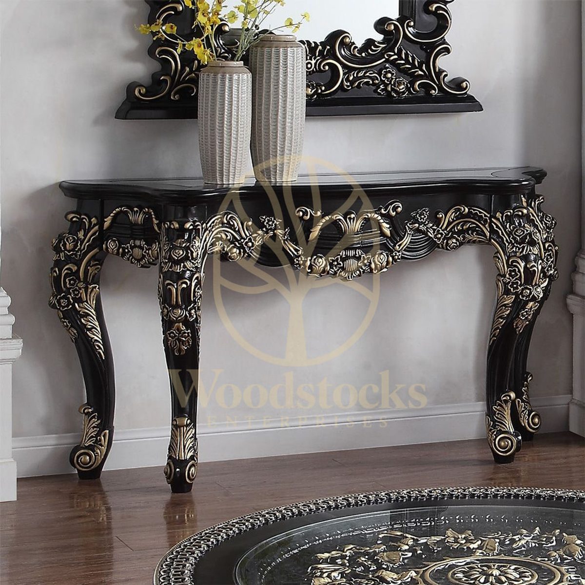Teak Hand-Carved Antique Gold Console Table, view 3