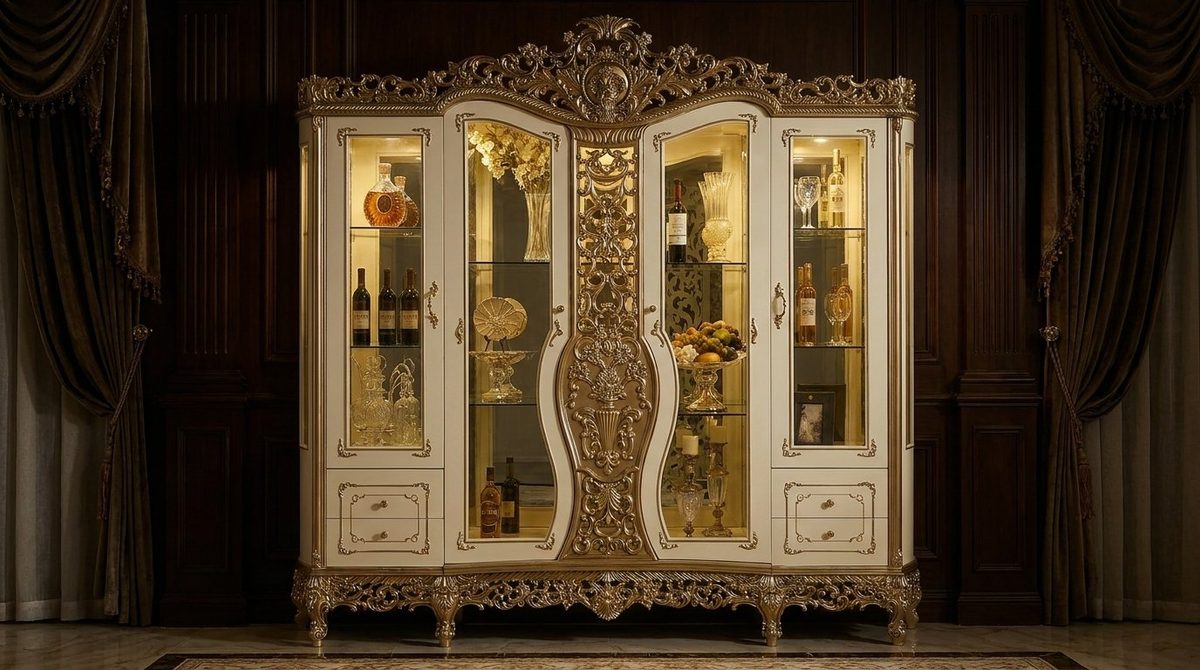 Teak Luxury Gold China Cabinet, Crockery Cabinet