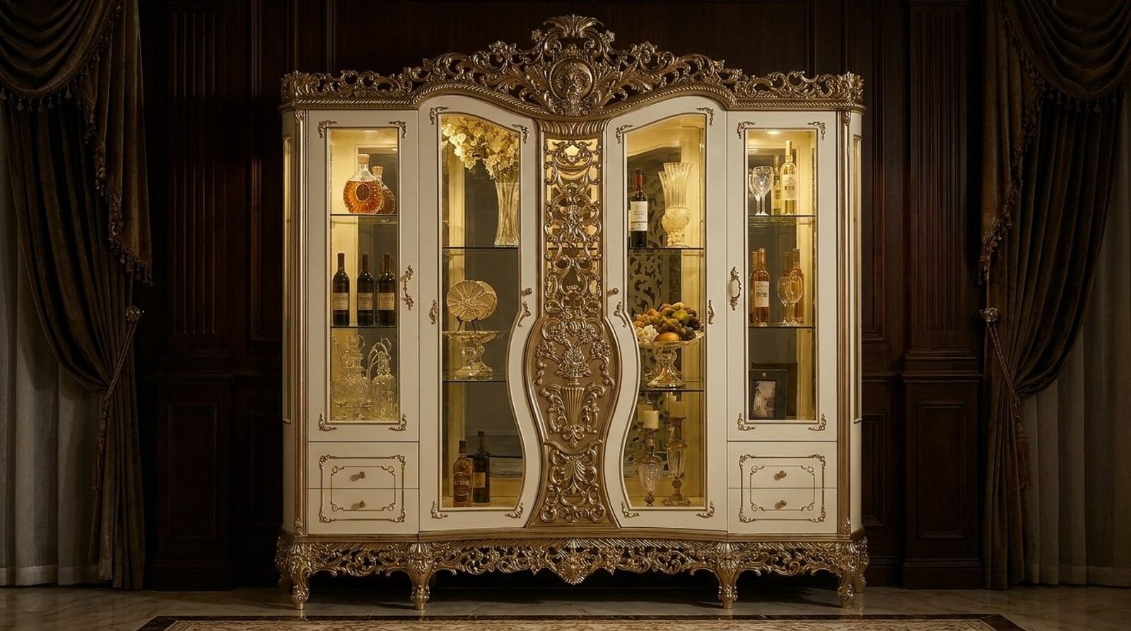 Teak Luxury Gold China Cabinet, hand-carved to order at the Woodstocks workshop in Saharanpur