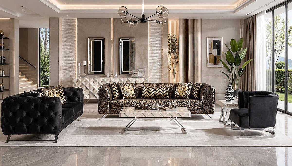 Luxury Amelie White Black Handcrafted Teak Sofa Set, Saharanpur, Sofa Set